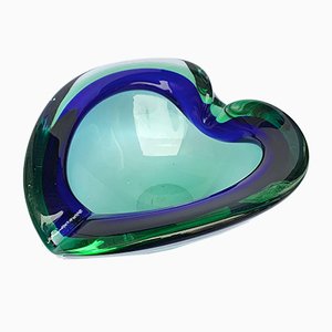 Cenicero o cuenco italiano en forma de corazón de vidrio verde y azul, años 60