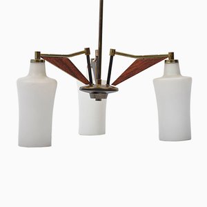 Italian Opaline Glass, Brass & Teak Chandelier from Stilnovo, 1960s