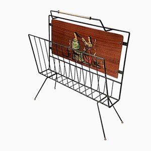 Enameled Iron & Mahogany Magazine Rack, 1950s