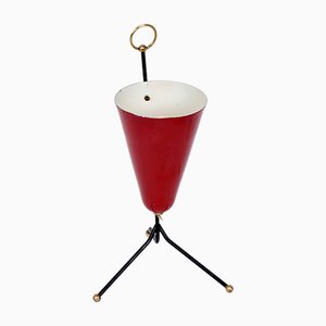 Italian Red Lacquered Metal and Brass Conical Table Lamp, 1950s
