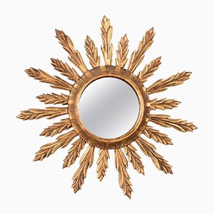 Miroir Mural Sunburst en Bois Doré, 1950s