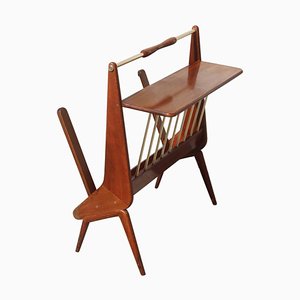 Mid-Century Italian Modern Geometric Wood & Brass Magazine Rack, 1950s