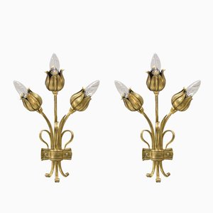 Appliques Murales Florales en Bronze Massif, 1970s, Set de 2