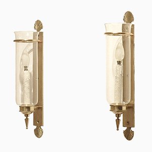 Neo Classic Brass & Glass Wall Sconces, 1930s, Set of 2