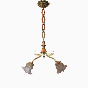 Suspension à 2 Lumières Art Nouveau en Laiton et Verre, 1900s