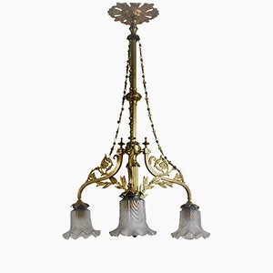 Art Nouveau Brass and Glass Ceiling Lamp, 1900s