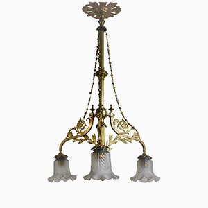 Lampada da soffitto Art Nouveau in ottone e vetro, inizio XX secolo