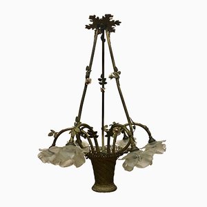Lámpara de araña francesa en forma de ramo de flores de bronce y vidrio, década de 1900