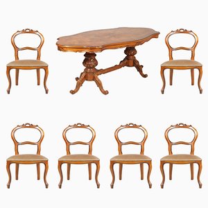 Art Deco Ferrarese Burl Dining Table & 6 Chairs Set, 1930s, Set of 7