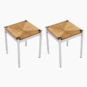 Tabourets en Acier Chromé, Paille et Acajou attribués à Gio Ponti pour Cassina, 1960s, Set de 2