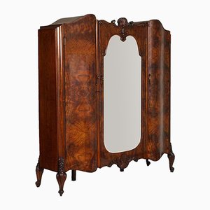 Baroque Venetian Hand-Carved Walnut & Burl Walnut Wardrobe with Mirror, 1910s