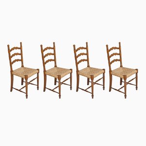 Chaises Chiavari Mid-Century en Noyer Tourné avec Assises en Paille, Set de 4