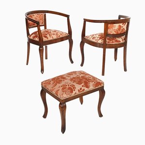 Art Nouveau Italian Carved Walnut Armchairs & Stool Set, 1900s, Set of 3
