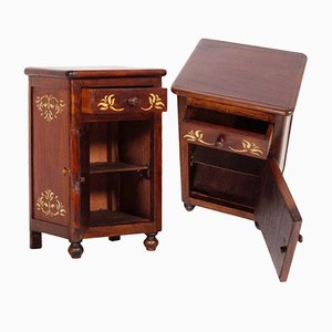 Antique Art Nouveau Walnut & Mahogany Bedside Tables, Set of 2