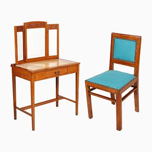 Art Nouveau Cherry & Marble Dressing Table with Mirror and Chair, Set of 3