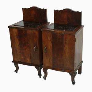 Tables de Chevet Antiques en Noyer et Marbre Noir, Set de 2