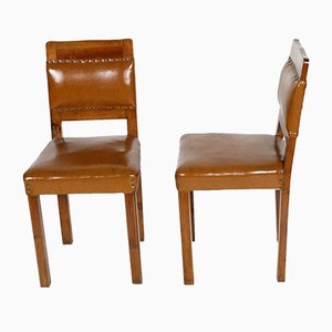 Art Deco Walnut & Leather Side Chairs, 1920s, Set of 2
