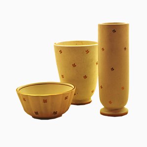 Vintage Carrara Ceramic Bowl and Vases by Wilhelm Kåge for Gustavsberg, Set of 3