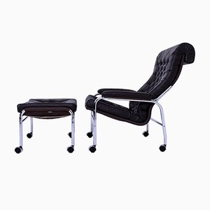 Bore Leather & Chrome Lounge Chair Footstool Set by Noboru Nakamura for IKEA, 1970s