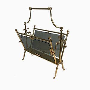 French Brass Neoclassical Magazine Rack with Glass Panels, 1960s