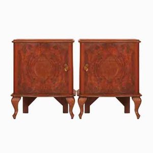 Vintage Italian Serpentine Walnut, Burl, & Mahogany Nightstands, Set of 2