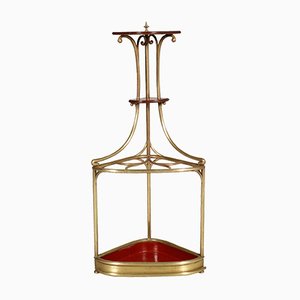 Brass & Oak Art Nouveau Corner Umbrella Stand, 1910s