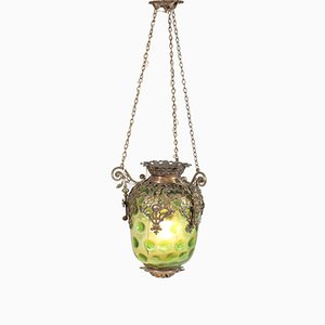 Antique French Brass Hall Lantern with Original Green Glass Shade, 1900s