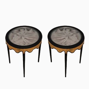 Italian Black Shellac Brass & Glass Side Tables, 1950, Set of 2