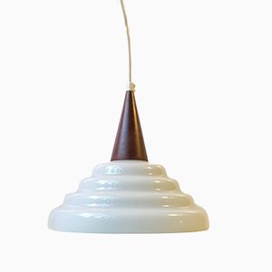 Lampe à Suspension Mid-Century en Teck et Verre Blanc, Suède, 1960s