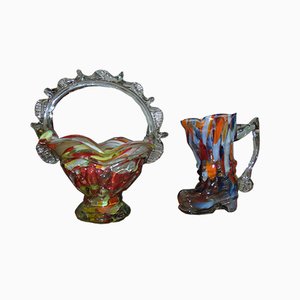 Vintage Multi-Colored Glass Fruit Basket & Vase Set from Ząbkowice Glassworks, 1970s