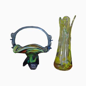 Mehrfarbiges Vintage Obstkorb- und Vasen-Set aus Glas von Ząbkowice Glassworks, 1970er