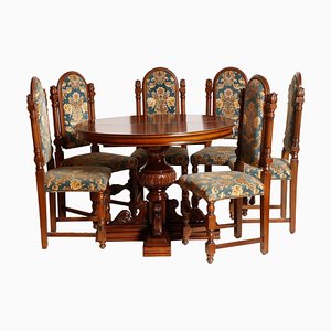 Extendable Table & 6 Chairs in Carved Walnut from Bassano, 1920s, Set of 7