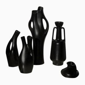Vases Vernis Noir en Grès par Lillemor Mannerheim pour Gefle, Set de 5