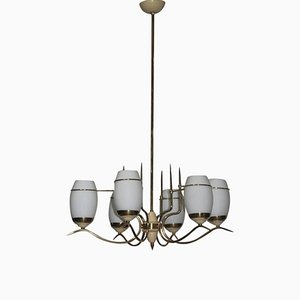 Mid-Century Italian Brass & Murano Glass Chandelier in the Style of Stilnovo