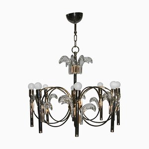 Lampadario vintage scultoreo in ottone e cristallo di Gaetano Sciolari, anni '70