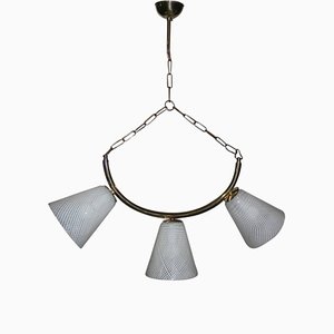 Mid-Century Brass, Reticello & Murano Glass Ceiling Lamp