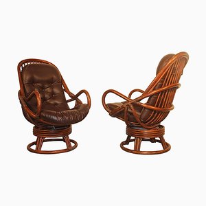 Rattan & Leather Swivel Lounge Chairs, 1960s, Set of 2