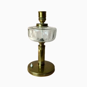 Large Vintage Scandinavian Brass Table Lamp with Glass Detail