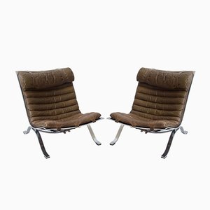 Leather & Steel Ari Lounge Chairs by Arne Norell, 1960s, Set of 2