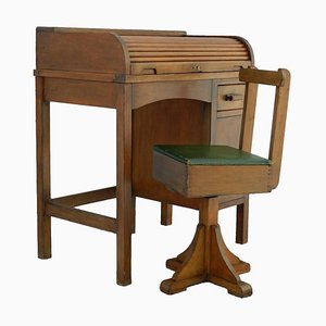 Bureau à Rideau Coulissant et Chaise Rotative pour Enfant Art Déco, 1930s