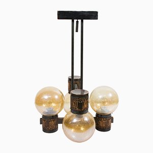 Lámpara de araña de cobre hecha a mano con bombillas de vidrio, años 70