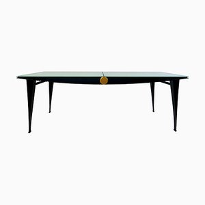 Mid-Century Modern Dining Table with Black Steel Frame & Sandblasted Glass Top, 1970s