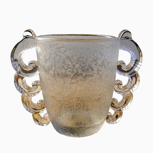 Art Deco Ice Glass Vase with Bow Handles, 1930s