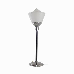 Lámpara de mesa Art Déco de aluminio y vidrio opalino, años 30