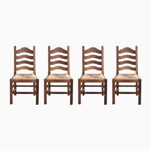 Vintage Dutch Oak Dining Chairs with Straw Seats, Set of 4