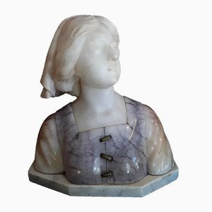 Antique Alabaster, Soapstone and Bronze Bust of Maiden on White Marble Base by Gustave van Vaerenbergh