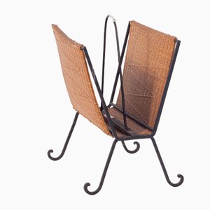 Danish Iron and Rattan Magazine Rack, 1940s
