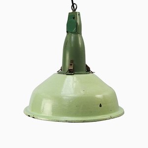 Vintage Industrial Cast Aluminum & Green Enamel Pendant Lamp