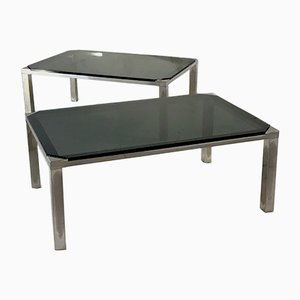 Tavolini in metallo argentato e vetro nero di Maison Jansen, anni '70, set di 2