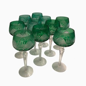 Bohemian Crystal Green Glasses, 1930s, Set of 10